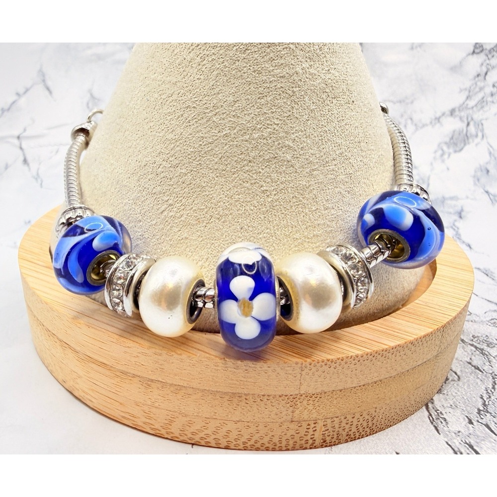 Blue White Lampwork Glass Bead European Charm Bracelet Silver Tone 7–8"